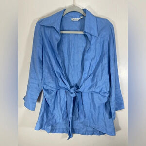 Neiman Marcus 100% Linen Light Blue Open Front Tie Waist Wrap Blouse Size Small